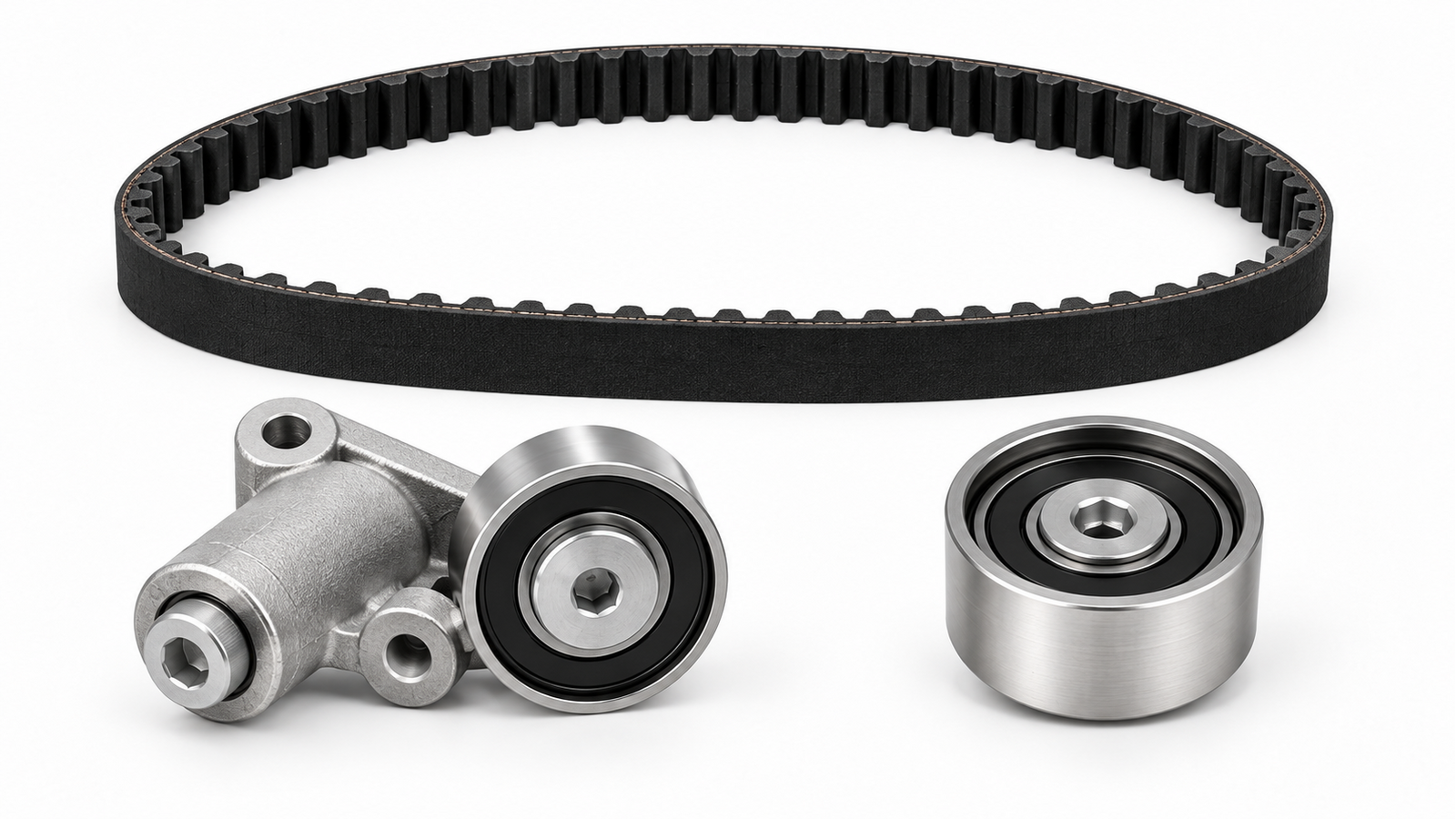 Illustrative artwork — Discovery 4 diesel fuel-pump drive belt and tensioner components. Guide artwork, not a genuine OEM part photograph.