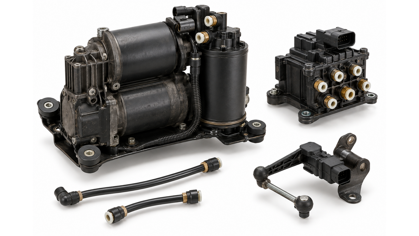 Illustrative artwork — Discovery 4 air-suspension compressor, valve block and ride-height sensor. Guide artwork, not a genuine OEM part photograph.