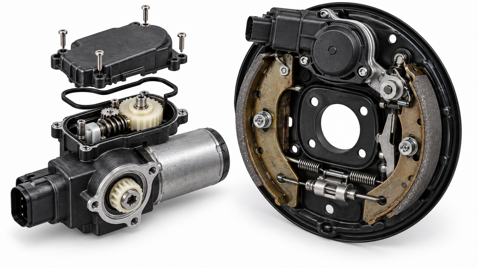 Illustrative artwork — electronic parking-brake actuator and rear brake assembly