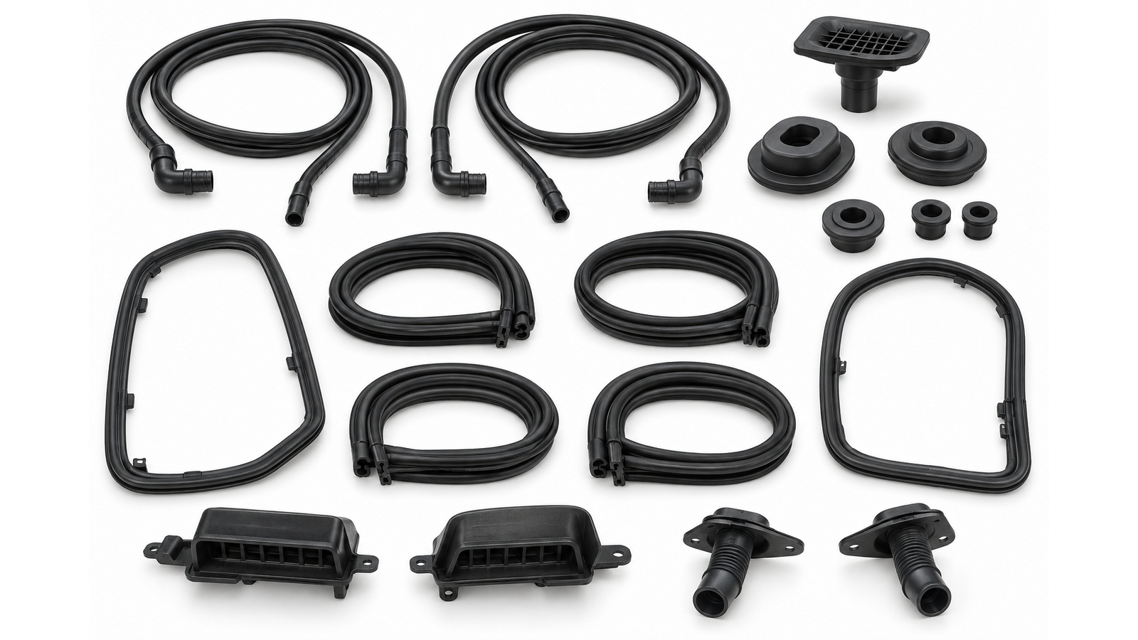 Illustrative artwork — body seals, sunroof drains and water-management components