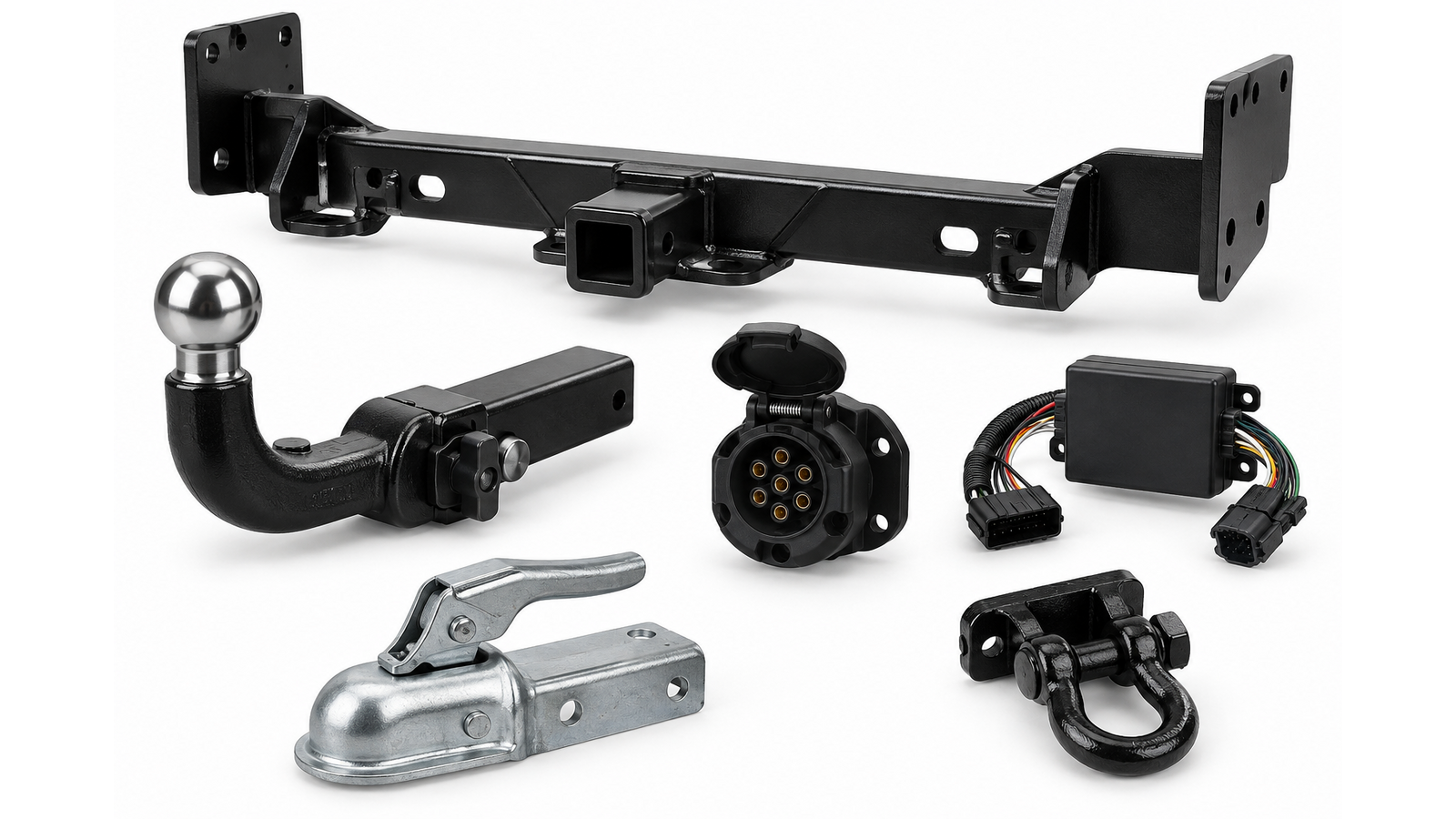Illustrative artwork — Discovery 4-compatible towbar, trailer socket and wiring hardware