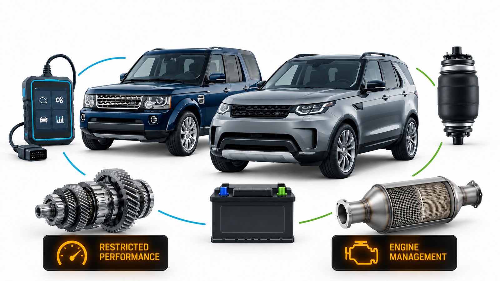 Land Rover Discovery common issues overview — illustrative artwork, not every fault applies to every vehicle